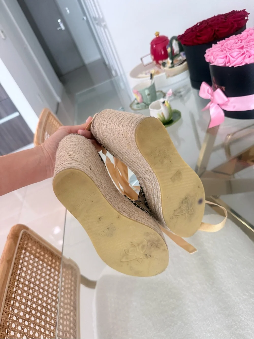 Gucci Brown Beige Monogram Espadrille Wedge Sandals with Gold Double G